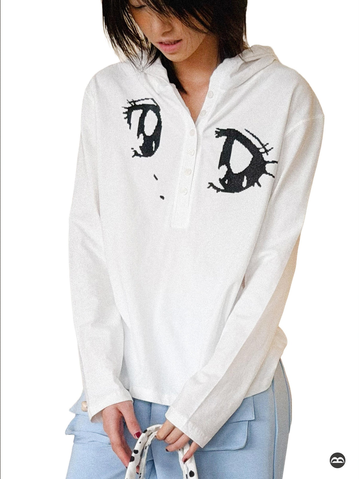 takeabreak White Brushed Half Button Hooded Anime Print Women&