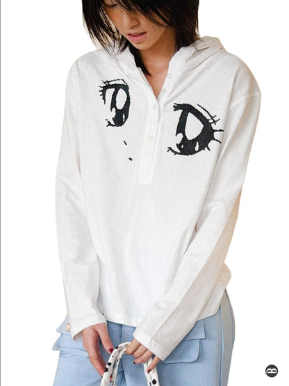 takeabreak White Brushed Half Button Hooded Anime Print Women&