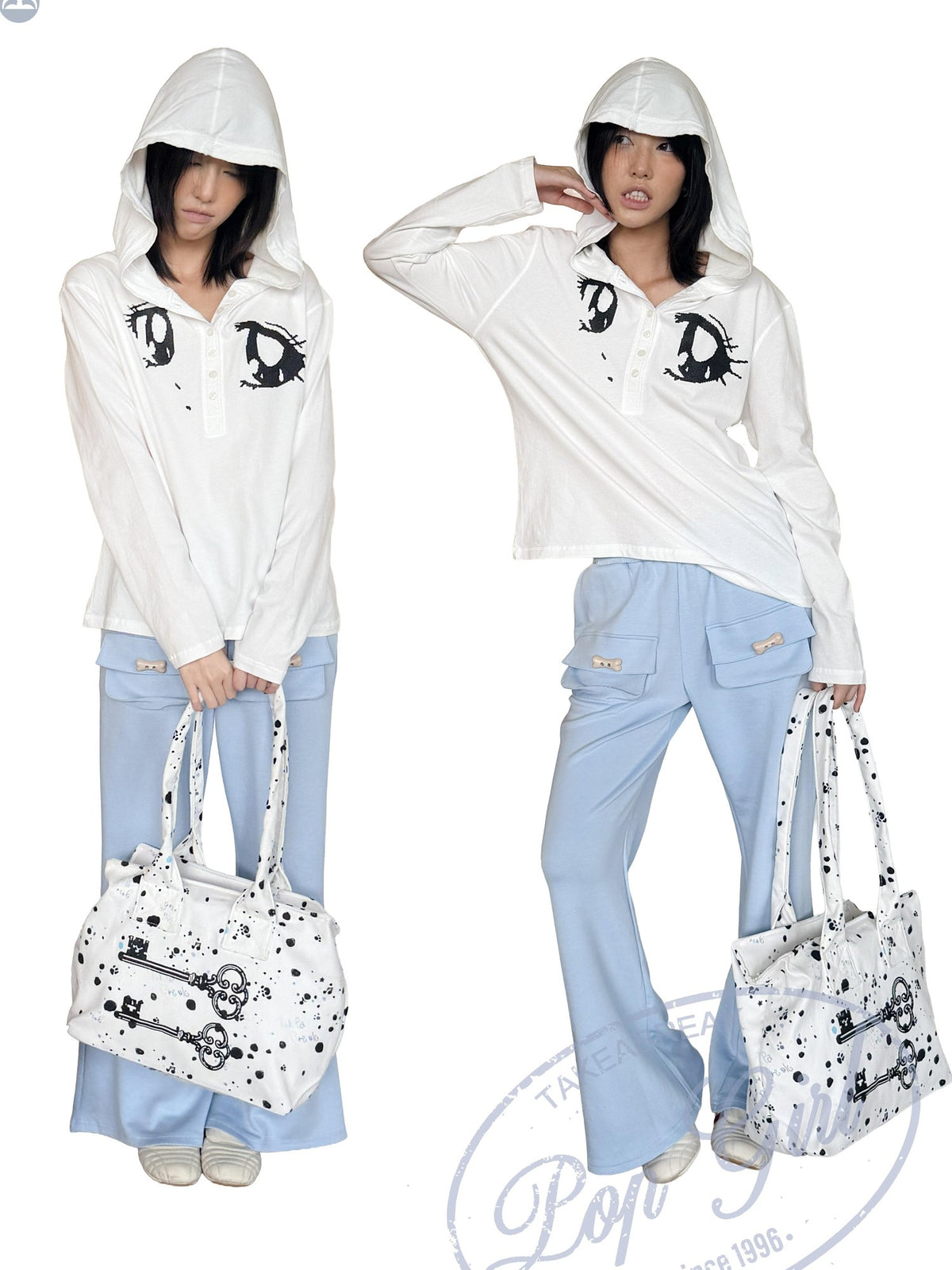 takeabreak White Brushed Half Button Hooded Anime Print Women&