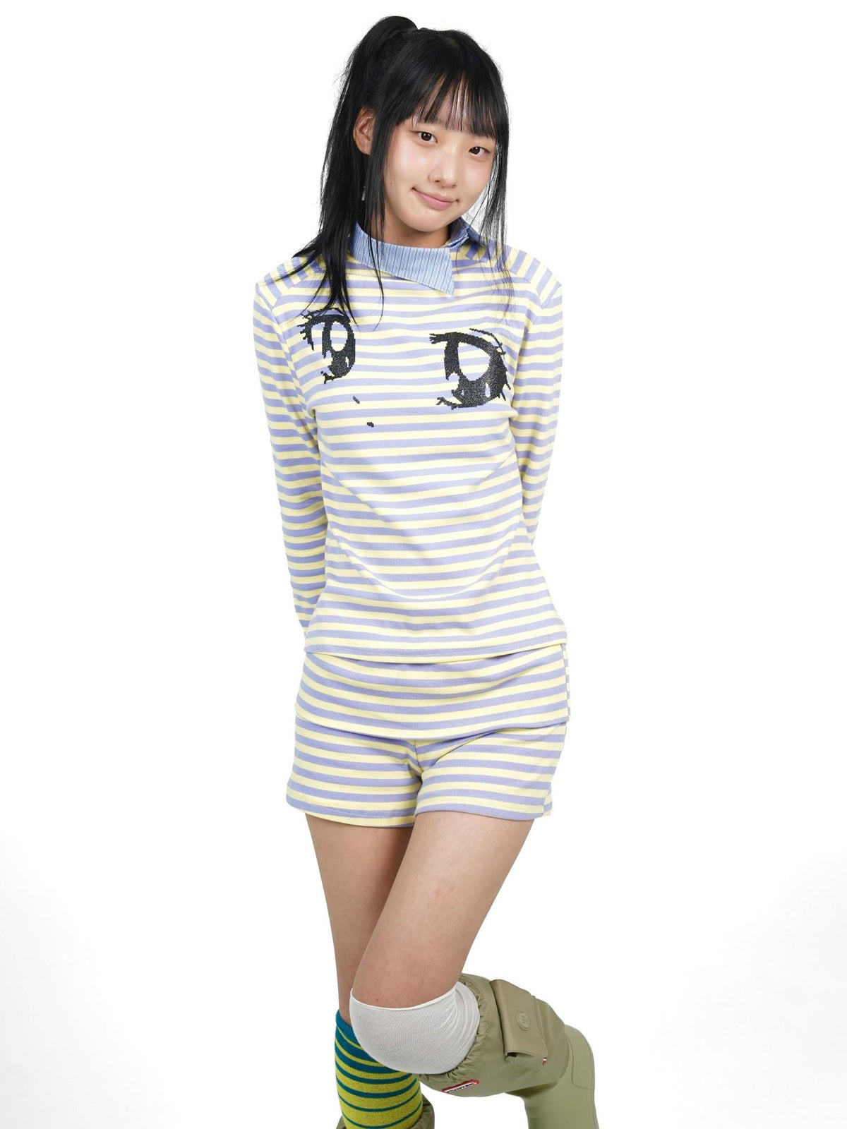 takeabreak Yellow Purple Striped Comic Big Eye Print Women&