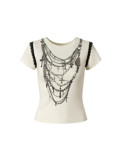NO ROMANCE Punk Print Lace Trim Slim Stretch Two-Way T-Shirt