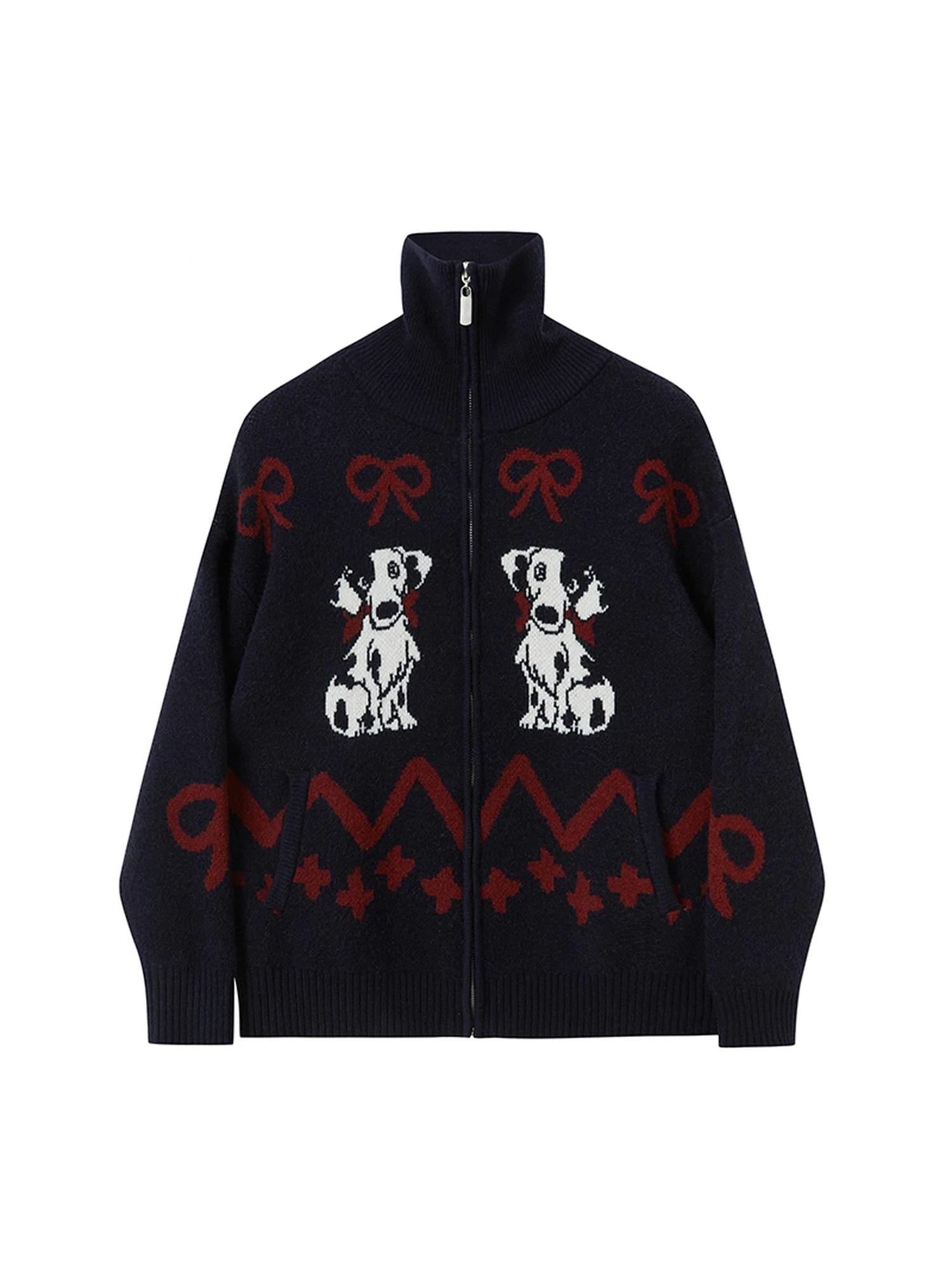 Puppy Bow Knit Zip Cardigan