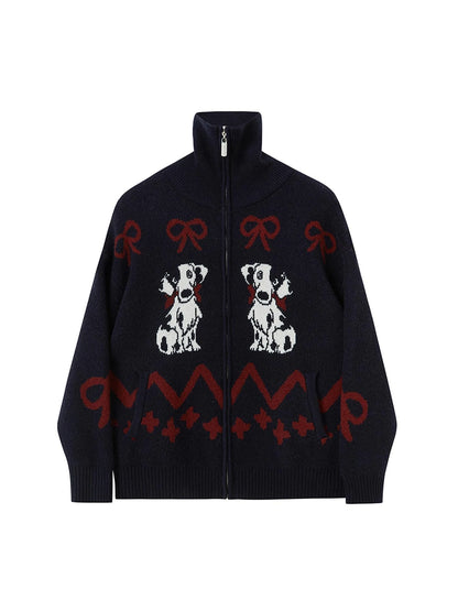 Puppy Bow Knit Zip Cardigan