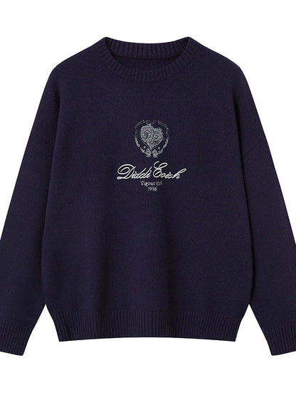 Classic Collar Knit Sweater With Bow Emblem Embroidery