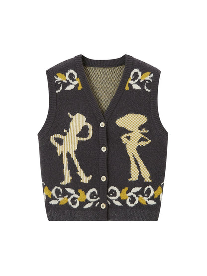 Vintage Denim Knit Vest With Floral And Cartoon Jacquard Texture