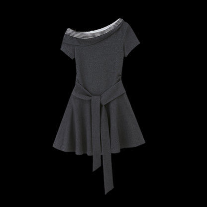 DIDDI MODA V Neck Lace Bow Ruffle Knit Dress Asymmetrical Tie Waist A Line Dress