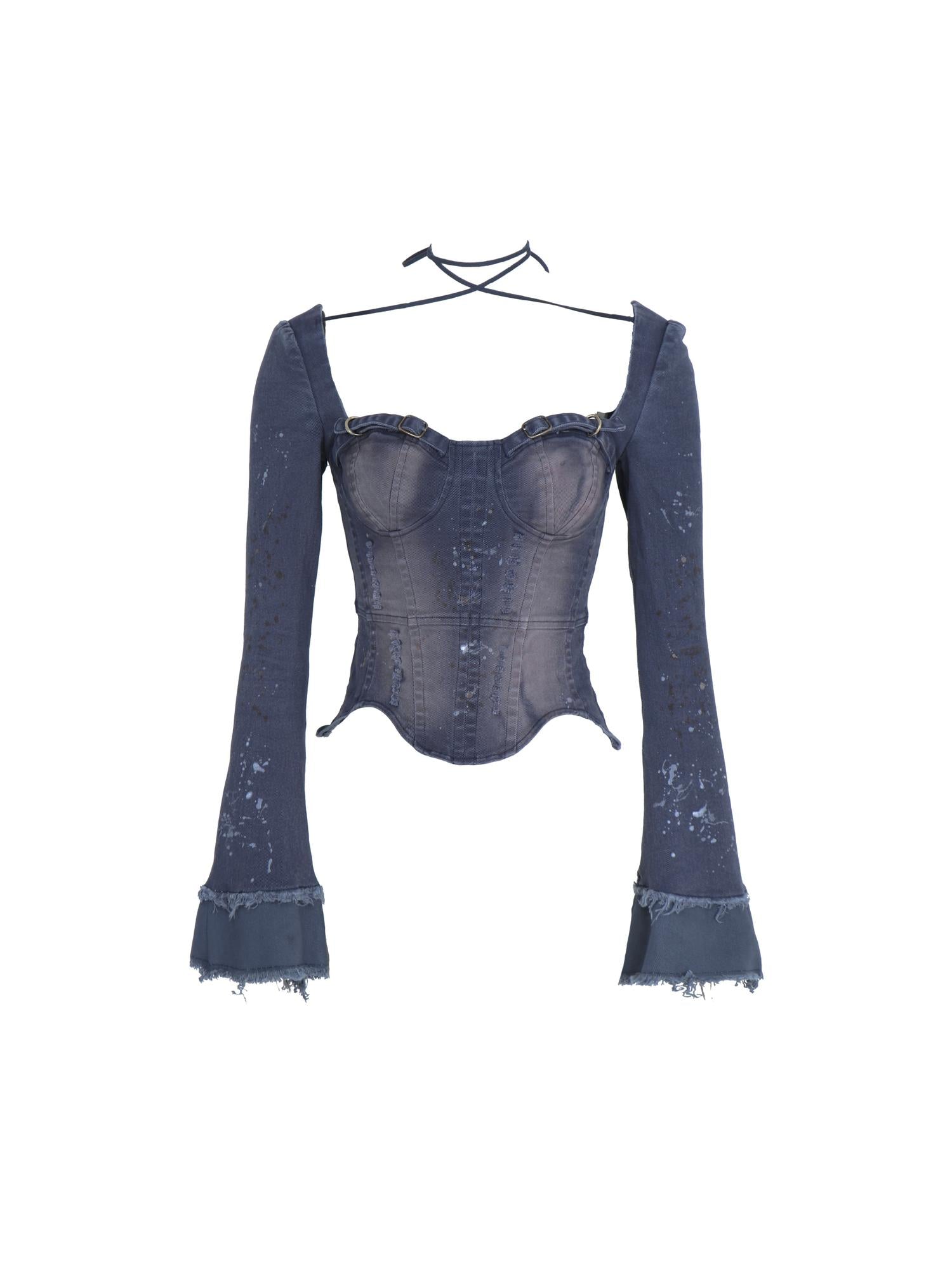 Flowers birds Market Ink Wash Blue Denim Suit