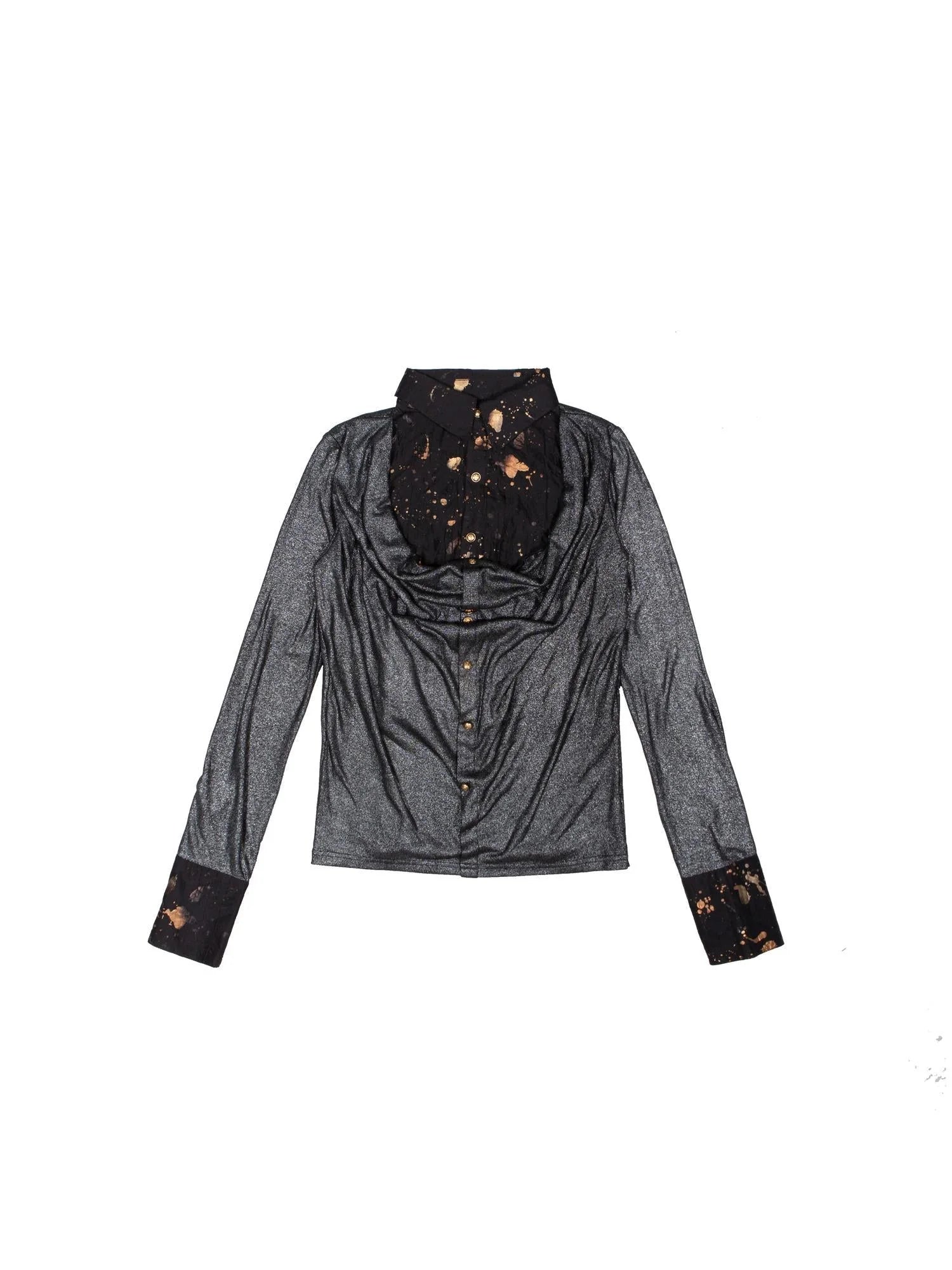 Punk Y2k Rock V Neck Grain Collar Patchwork Long Sleeve Shirt