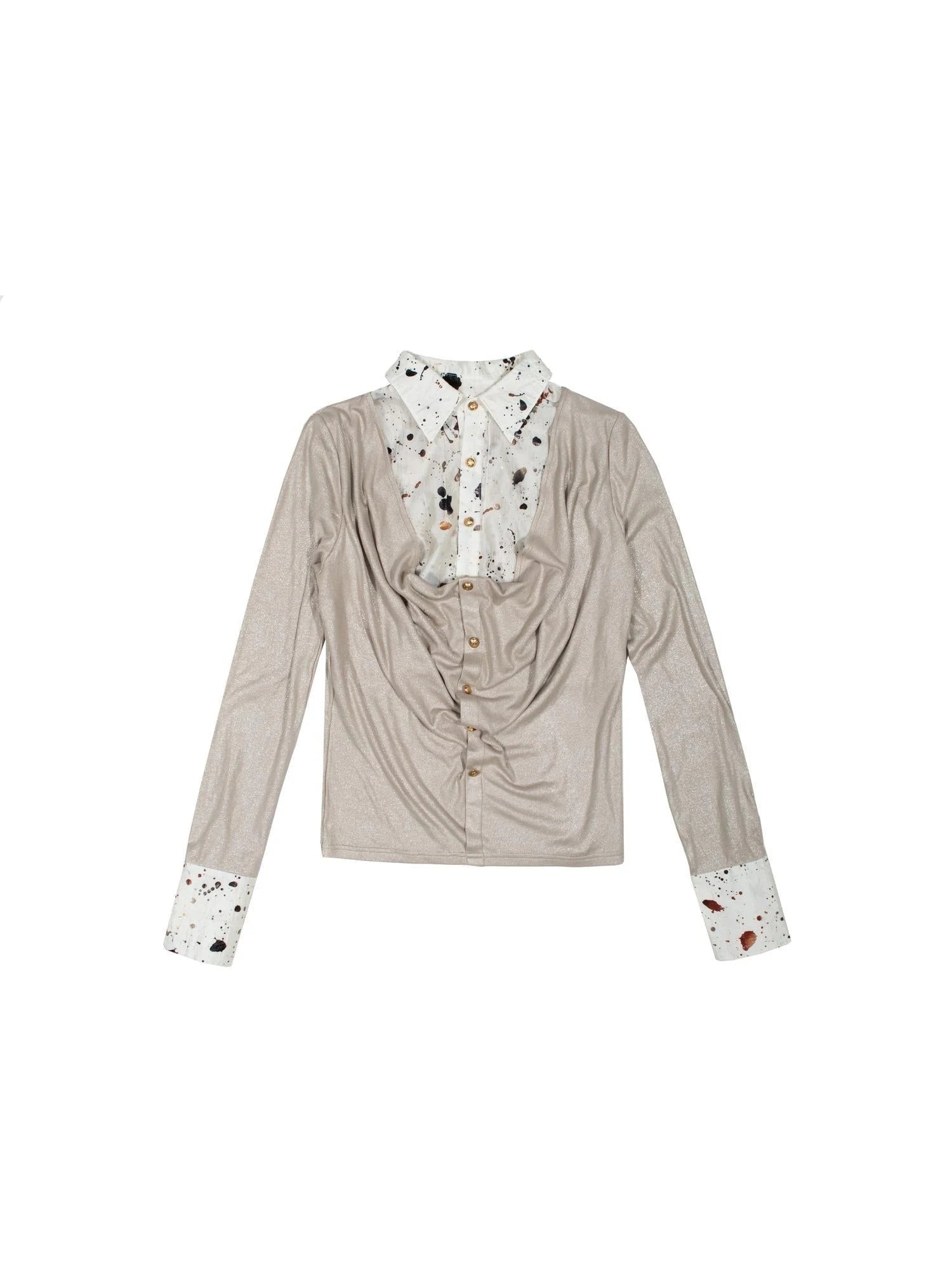 Punk Y2k Rock V Neck Grain Collar Patchwork Long Sleeve Shirt