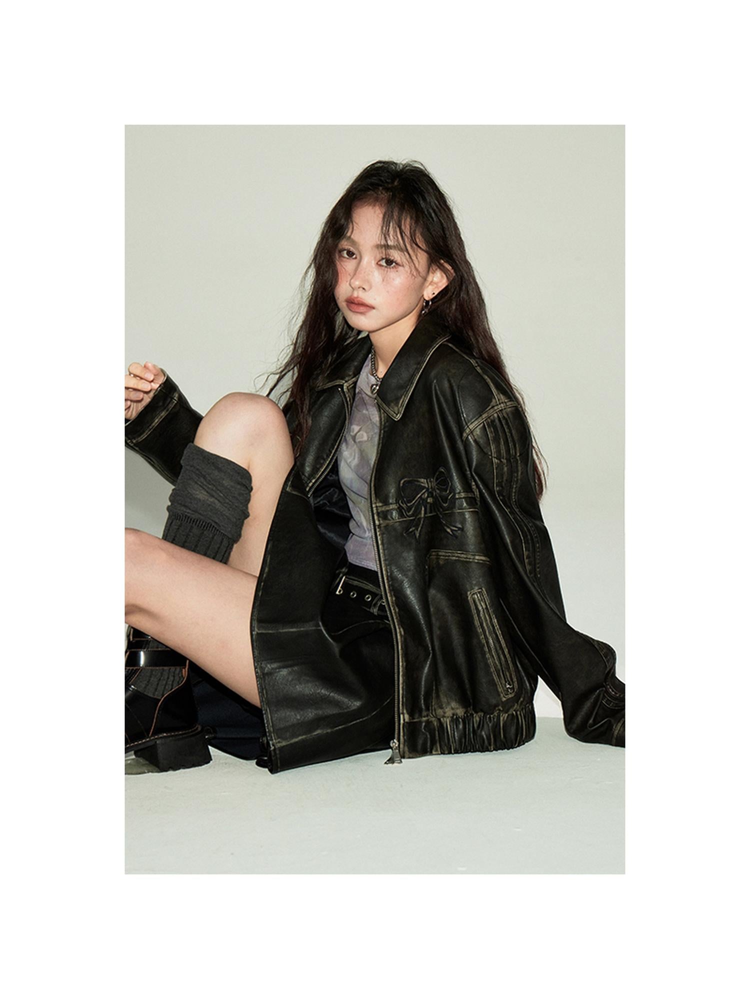 DIDDI MODA Sweet Rebel Bow Vintage Distressed Pu Jacket