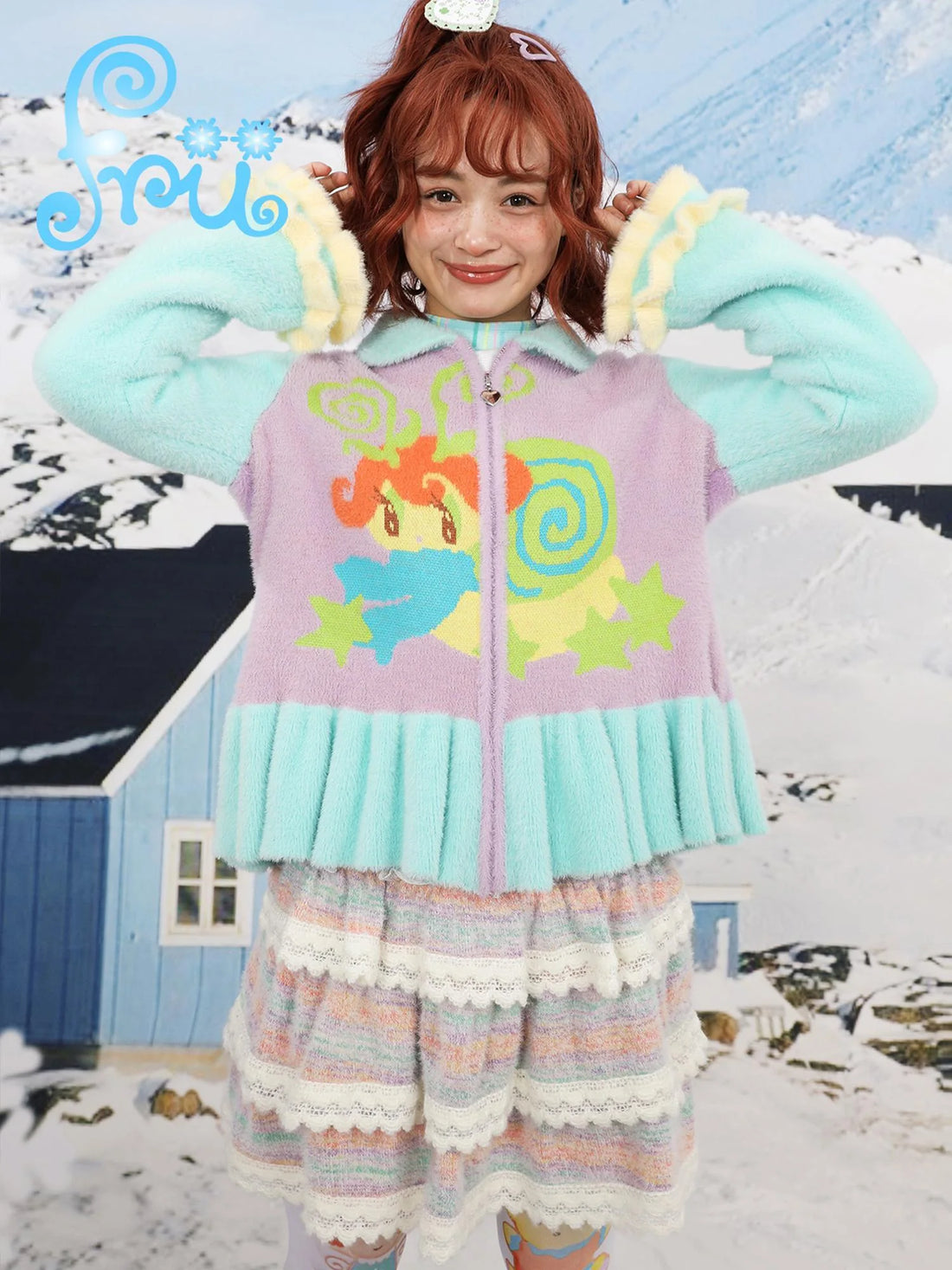 Winter Cartoon Contrast Knit Cardigan