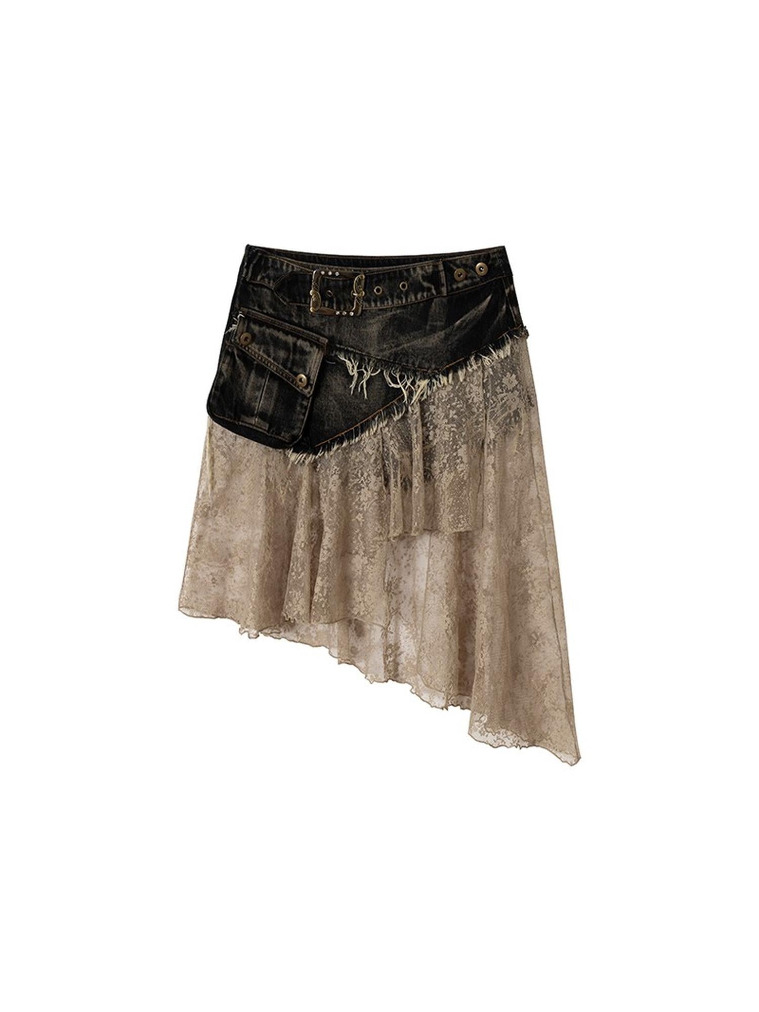 NO ROMANCE Vintage Distressed Denim Skirt Pants With Lace Trim