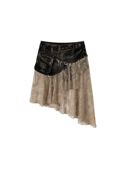 NO ROMANCE Vintage Distressed Denim Skirt Pants With Lace Trim
