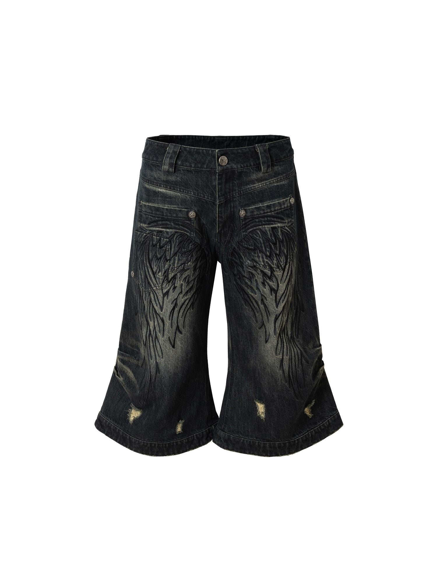 NO ROMANCE Vintage Punk Street Distressed Embroidered Wide Leg Cropped Jeans