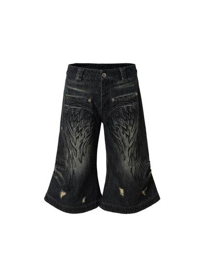 NO ROMANCE Vintage Punk Street Distressed Embroidered Wide Leg Cropped Jeans