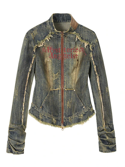 Vintage Punk Rock Distressed Washed Denim Jacket Women Coat