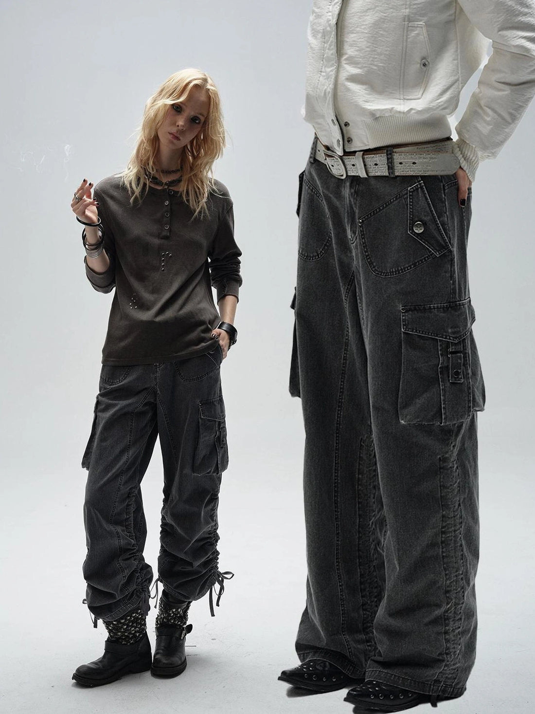 wear And tear Adjustable Drawstring Wide Leg Cargo Pants