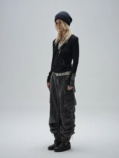 wear And tear Adjustable Drawstring Wide Leg Cargo Pants