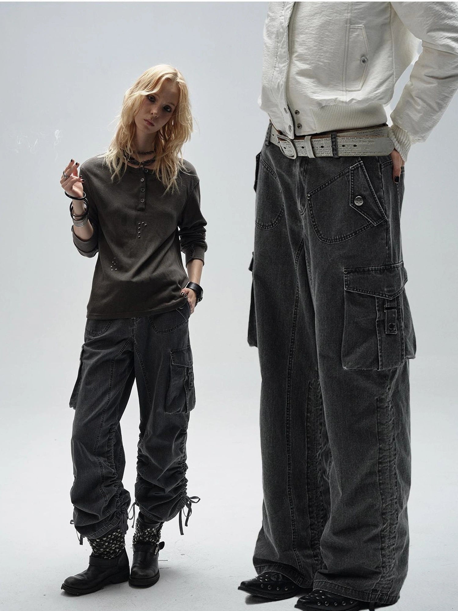 wear And tear Adjustable Drawstring Wide Leg Cargo Pants