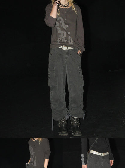 wear And tear Adjustable Drawstring Wide Leg Cargo Pants