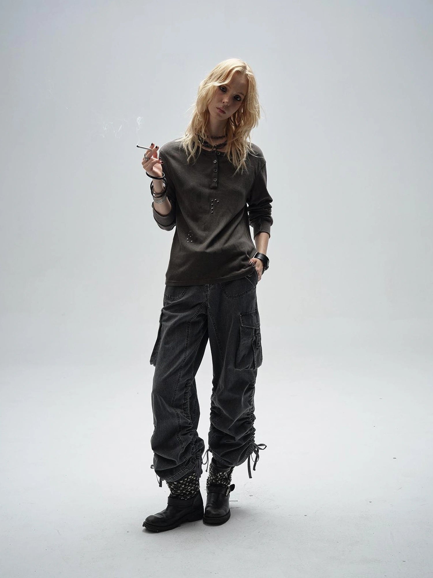 wear And tear Adjustable Drawstring Wide Leg Cargo Pants