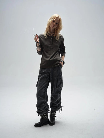wear And tear Adjustable Drawstring Wide Leg Cargo Pants