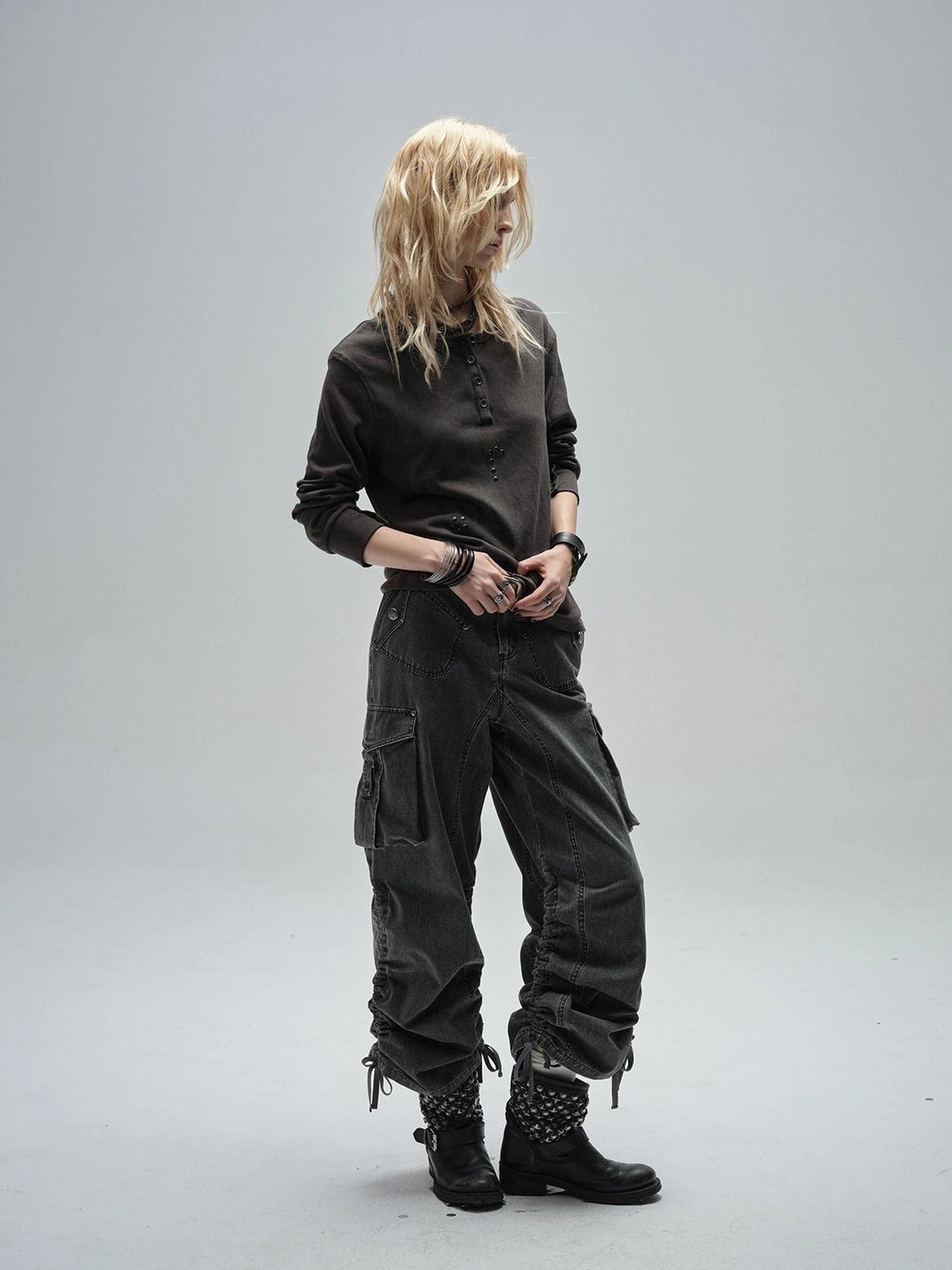 wear And tear Adjustable Drawstring Wide Leg Cargo Pants