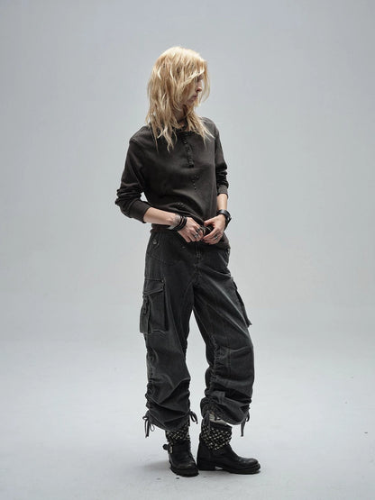 wear And tear Adjustable Drawstring Wide Leg Cargo Pants