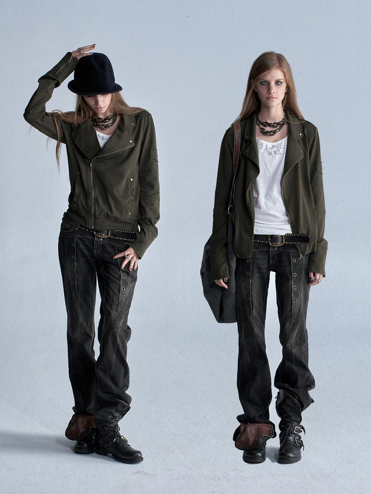 wear And tear Asymmetric Rivet Panel Zip Collar Women&