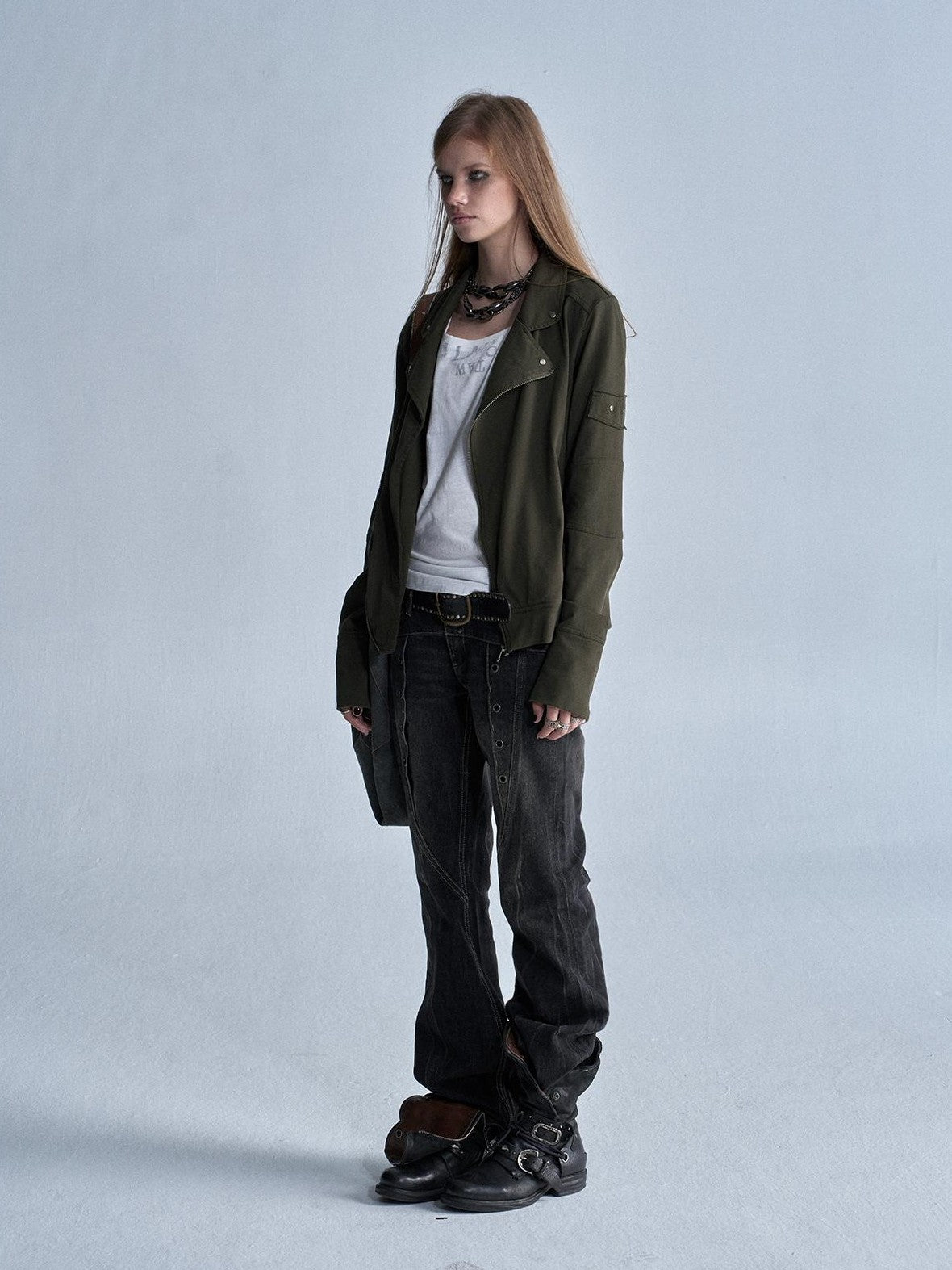 wear And tear Asymmetric Rivet Panel Zip Collar Women&