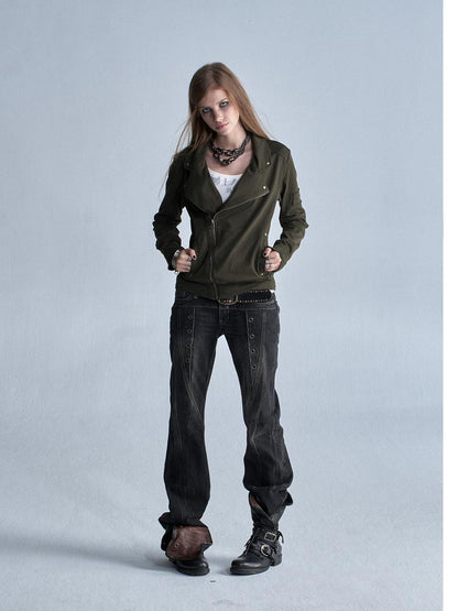 wear And tear Asymmetric Rivet Panel Zip Collar Women&