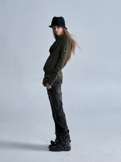 wear And tear Asymmetric Rivet Panel Zip Collar Women&