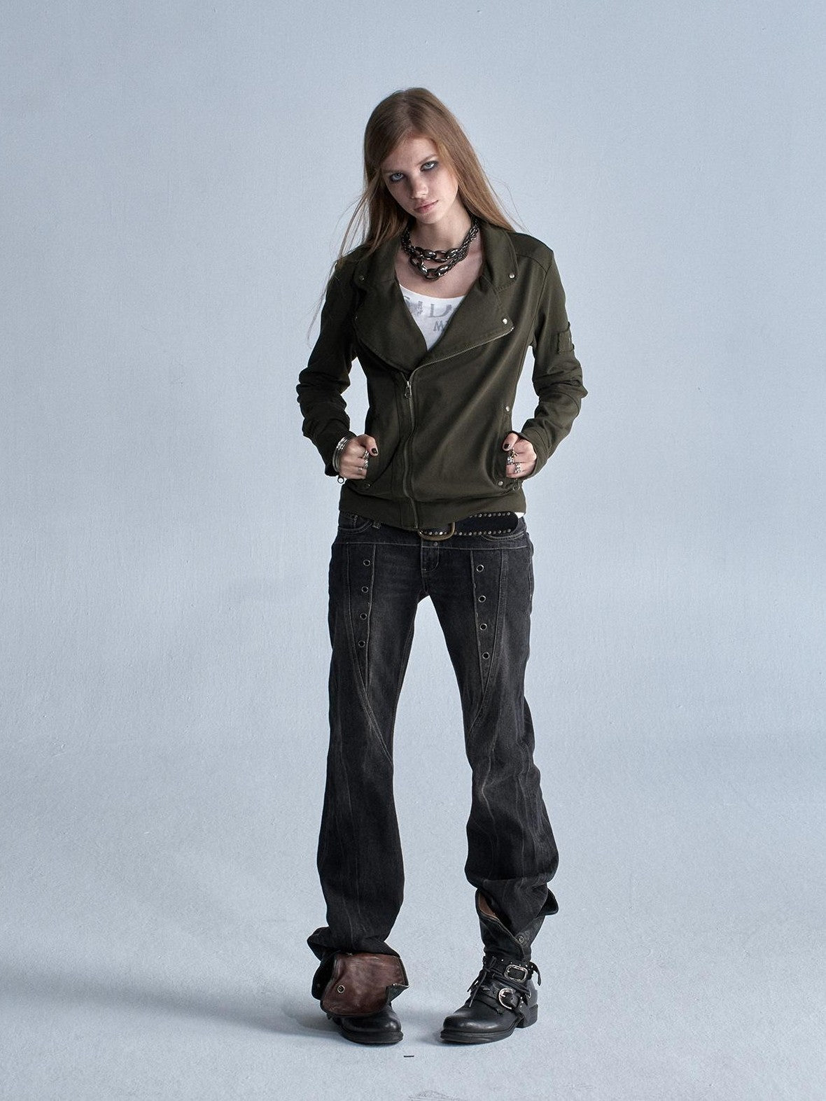 wear And tear Asymmetric Rivet Panel Zip Collar Women&