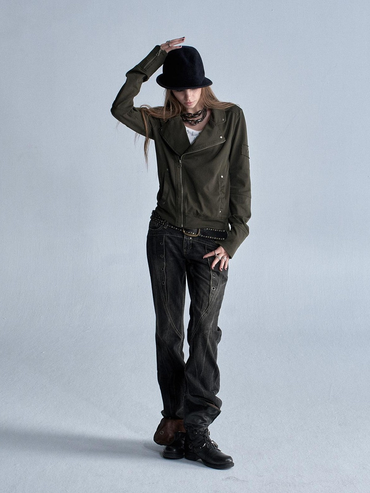 wear And tear Asymmetric Rivet Panel Zip Collar Women&