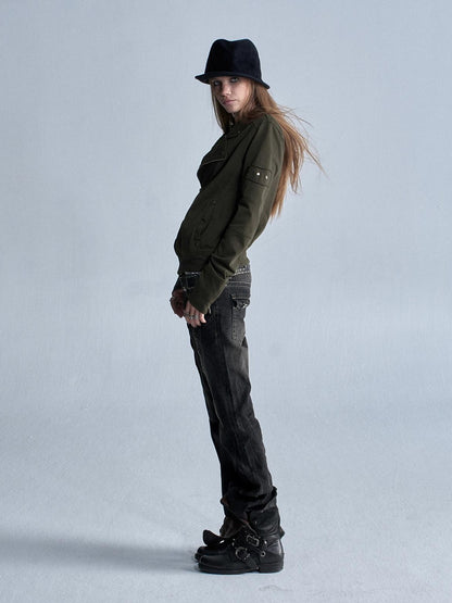 wear And tear Asymmetric Rivet Panel Zip Collar Women&