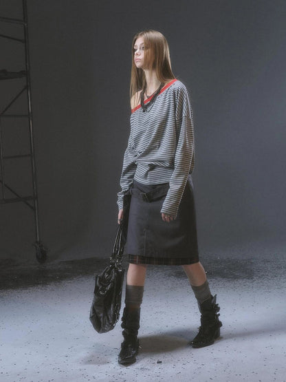 wear And tear Asymmetrical Striped Ribbed Punk Studded T-shirt