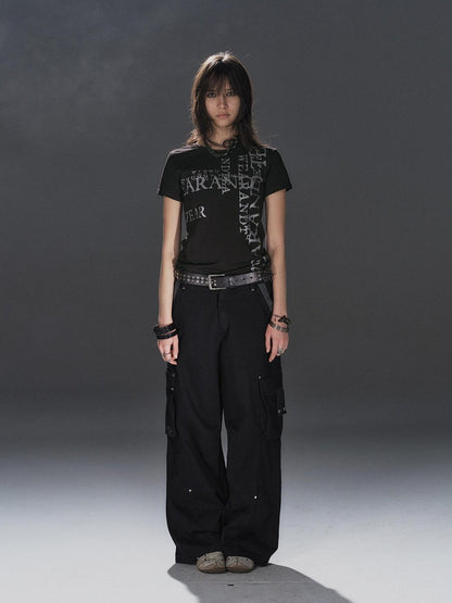 wear And tear Black Asymmetric Rib Splice Rivet Multi Pocket Women&