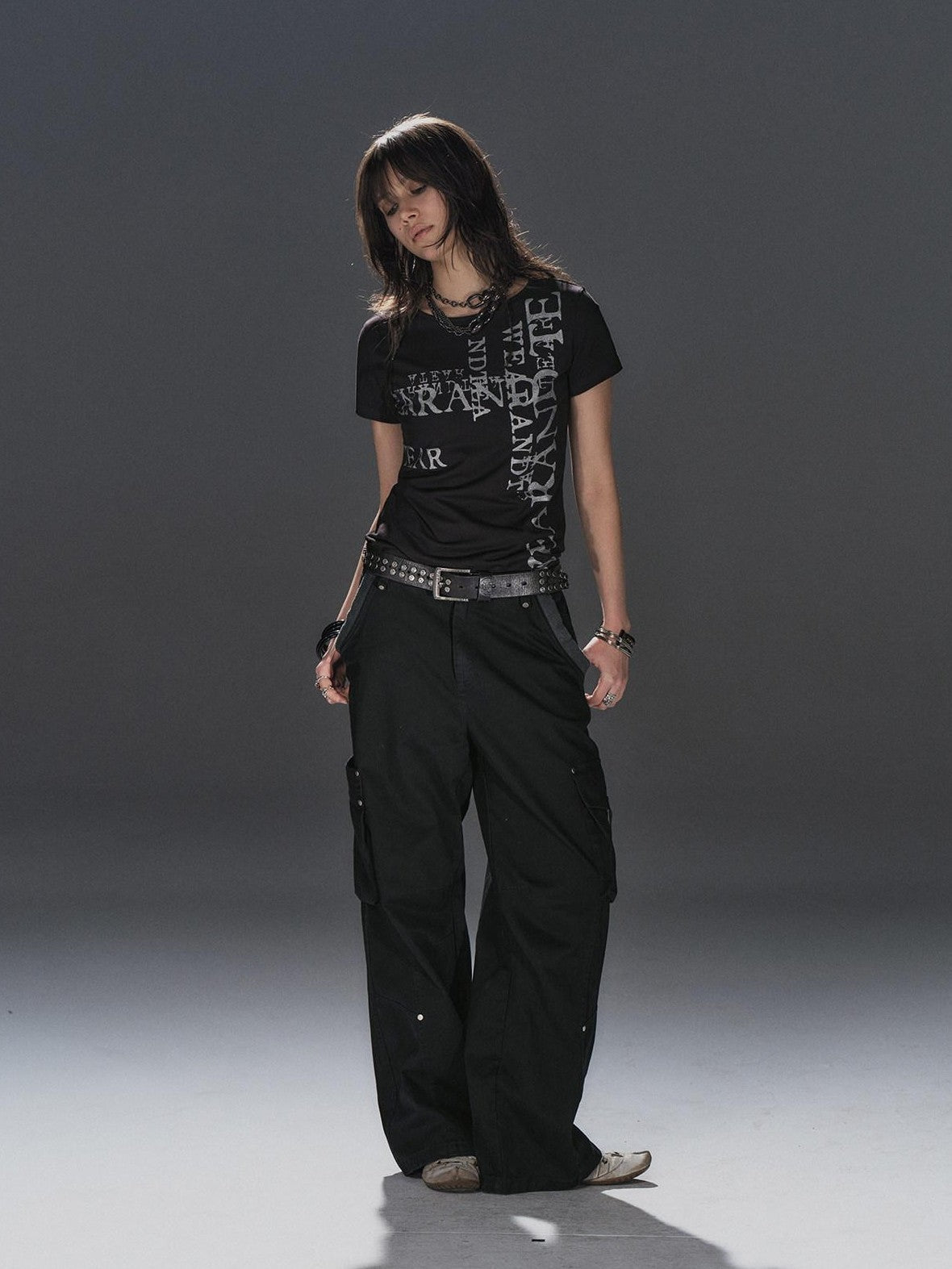 wear And tear Black Asymmetric Rib Splice Rivet Multi Pocket Women&