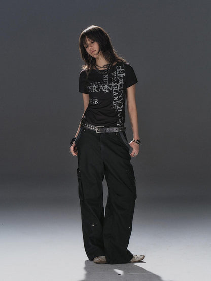 wear And tear Black Asymmetric Rib Splice Rivet Multi Pocket Women&