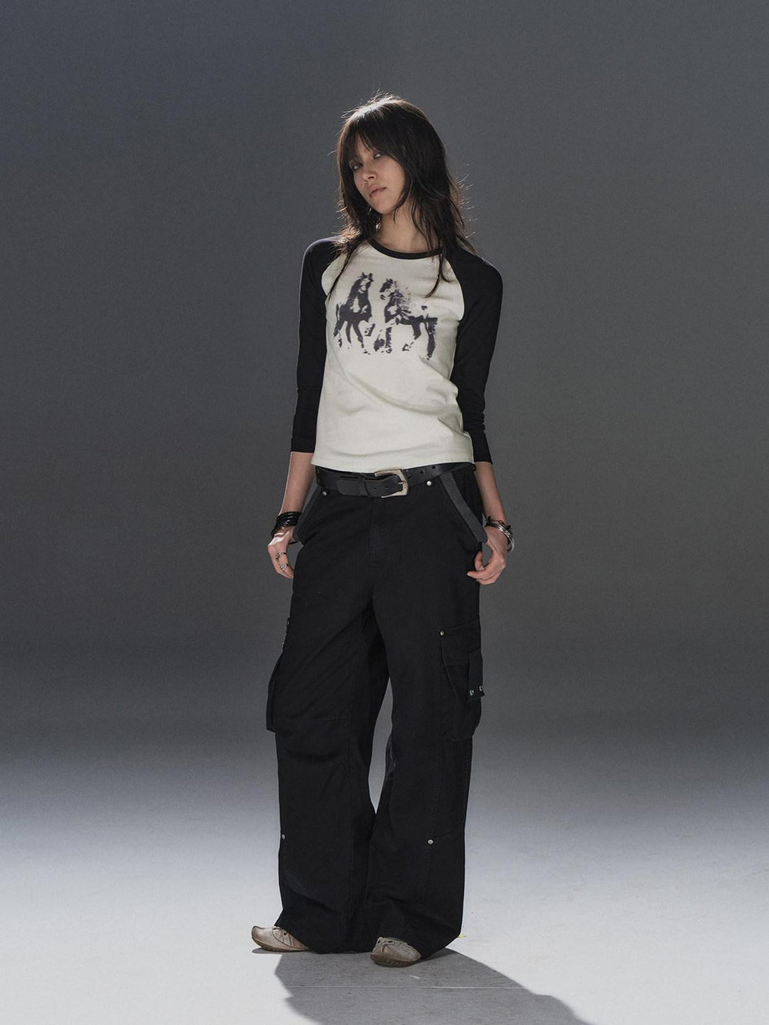 wear And tear Black Asymmetric Rib Splice Rivet Multi Pocket Women&