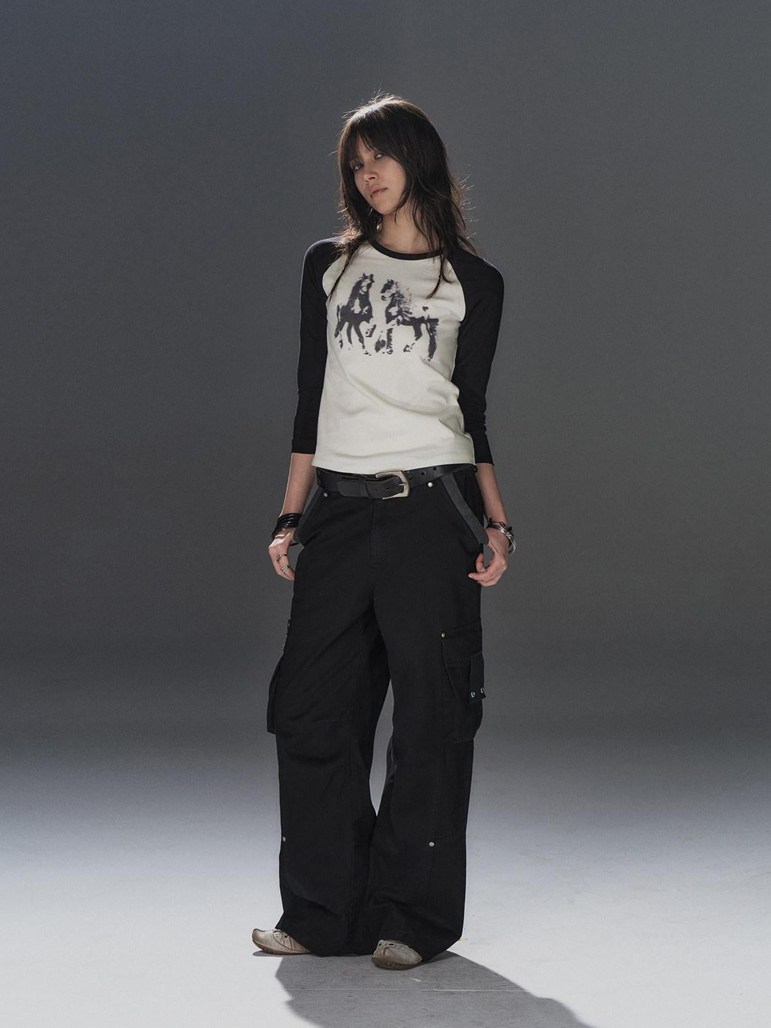 wear And tear Black Asymmetric Rib Splice Rivet Multi Pocket Women&