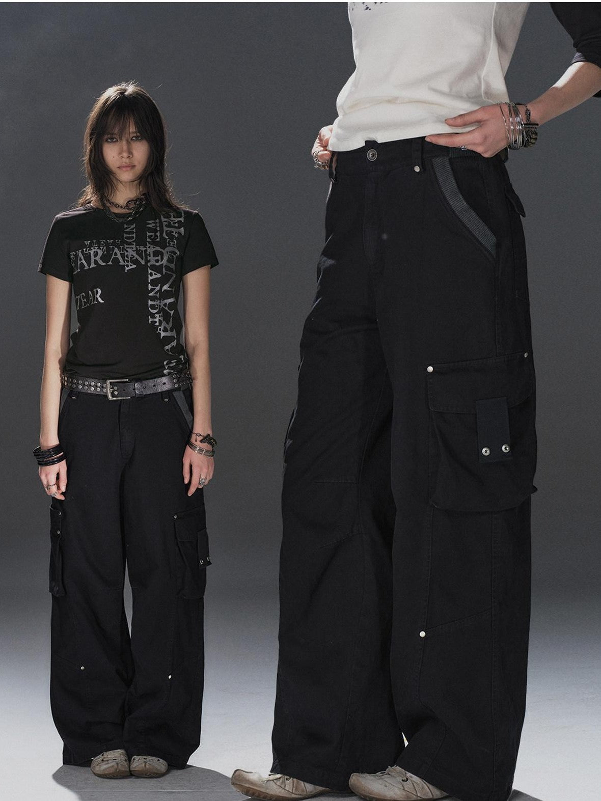 wear And tear Black Asymmetric Rib Splice Rivet Multi Pocket Women&