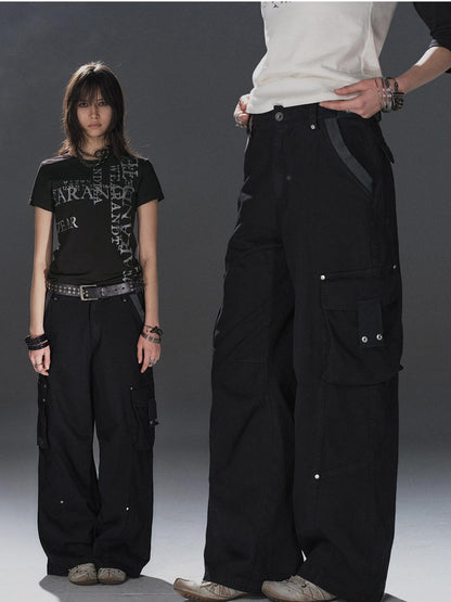 wear And tear Black Asymmetric Rib Splice Rivet Multi Pocket Women&
