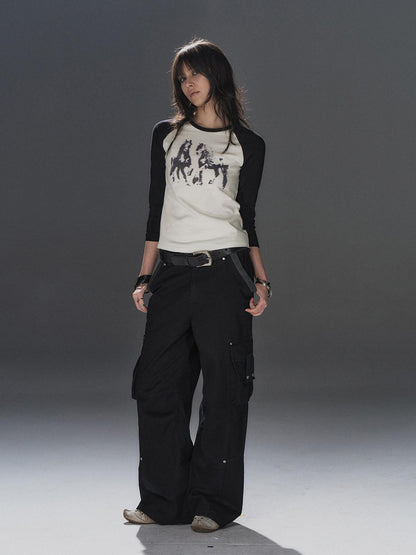 wear And tear Black Asymmetric Rib Splice Rivet Multi Pocket Women&