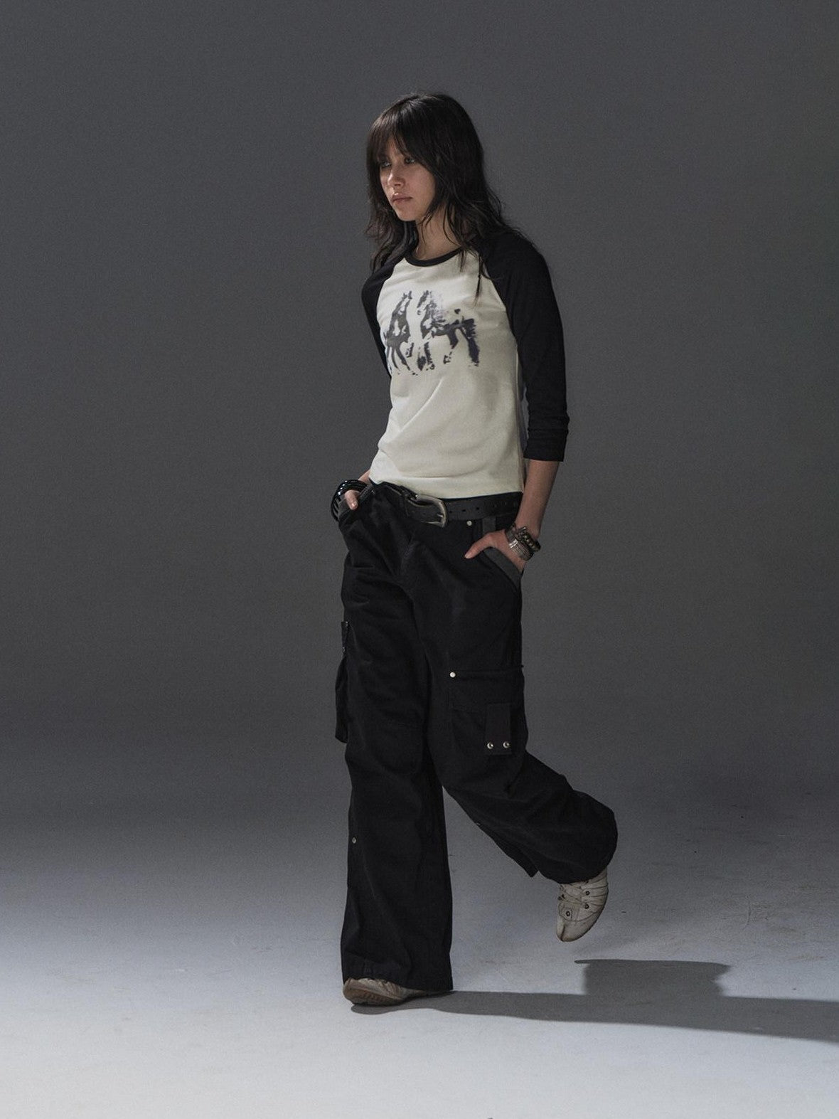 wear And tear Black Asymmetric Rib Splice Rivet Multi Pocket Women&