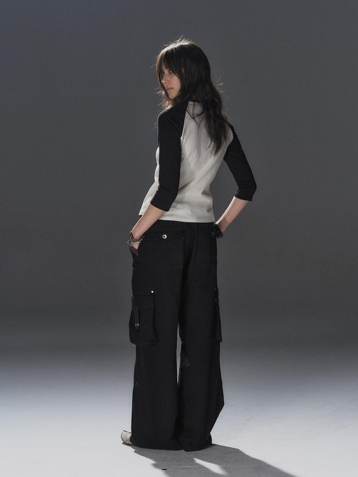 wear And tear Black Asymmetric Rib Splice Rivet Multi Pocket Women&