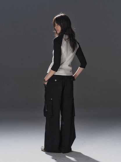wear And tear Black Asymmetric Rib Splice Rivet Multi Pocket Women&