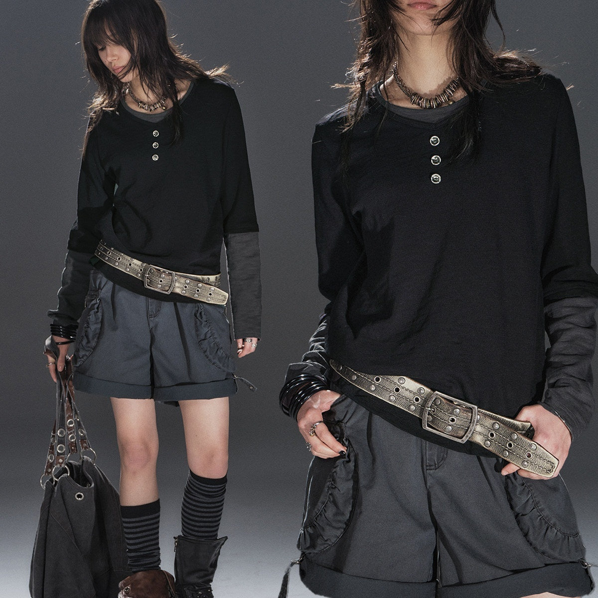 wear_And_tear_Black_Gray_Spliced_Double_Collar_Button_Women&