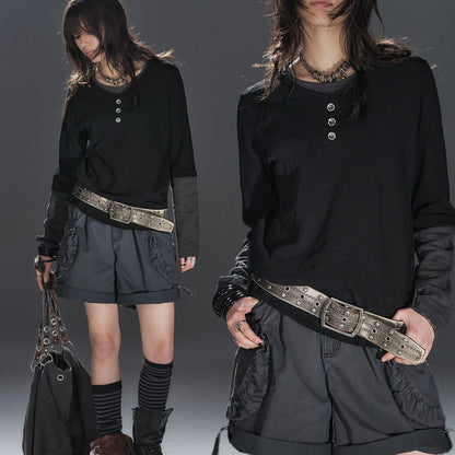 wear_And_tear_Black_Gray_Spliced_Double_Collar_Button_Women&