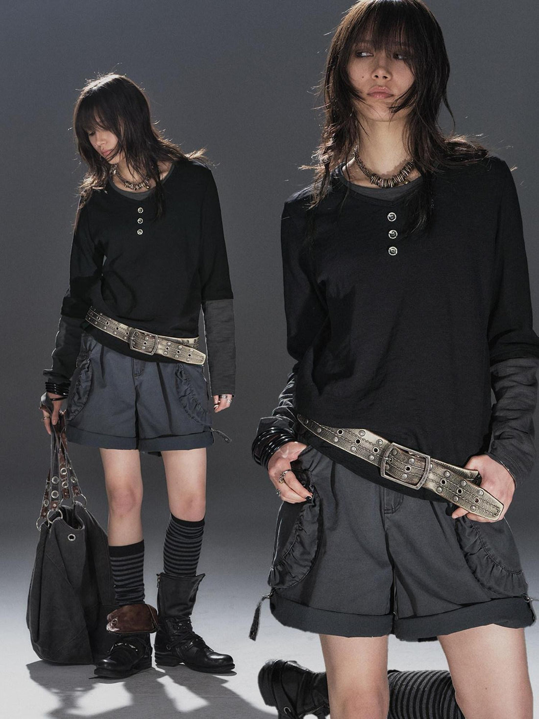 wear And tear Black Gray Spliced Double Collar Button Women&